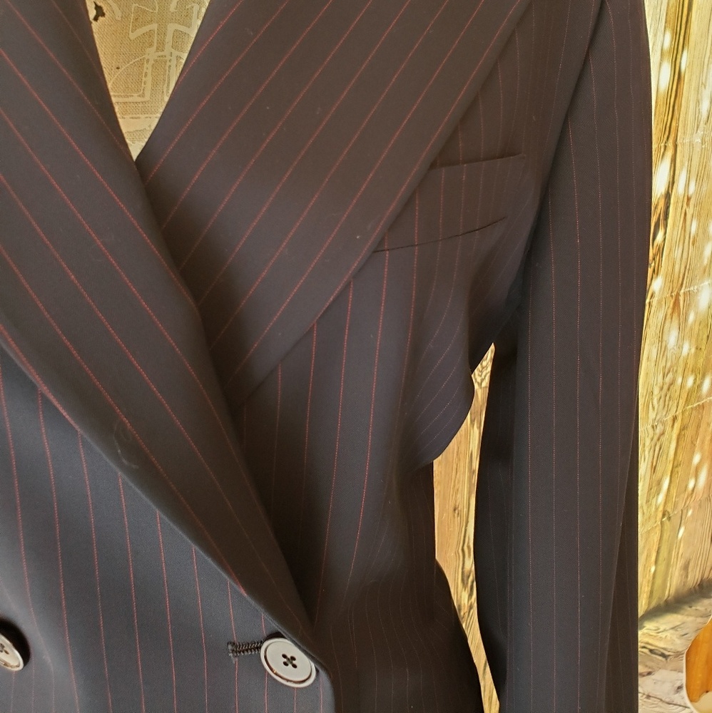 Rare! VINTAGE 90's Ralph Lauren Dbl Brst Red Pinstriped Skirt Suit, Navy, 10